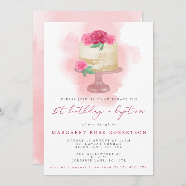 Rosa Watercolor Cake Girl's 1st Birthday & Baptism Inbjudningar (Fram/baksida)