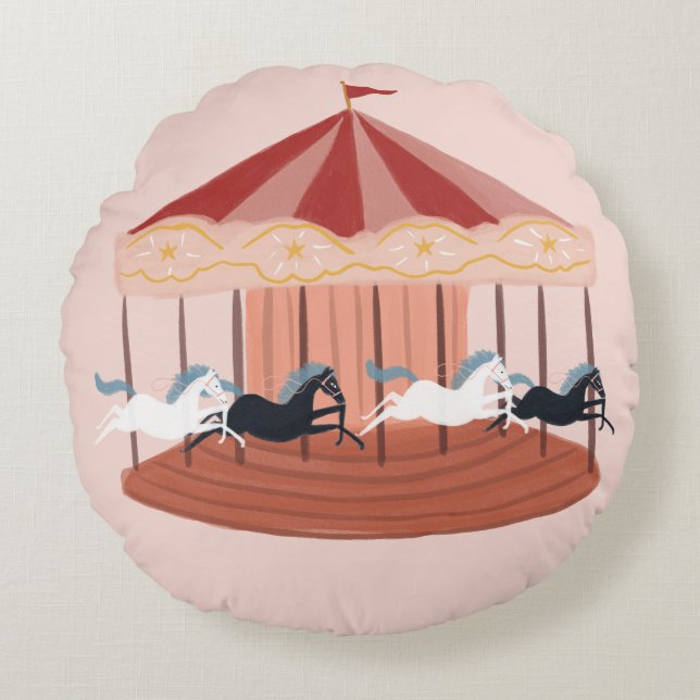Rosa Watercolor Carousel Baby Nursery Round Pillow Rund Kudde (Framsidan)