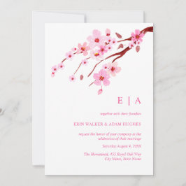 Rosa Watercolor Cherry Blommar Monogram Bröllop Inbjudningar