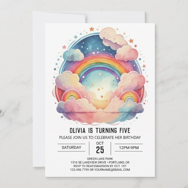 Rosa Watercolor Clouds Girl Birthday Inbjudningar (Framsida)