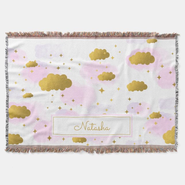 Rosa Watercolor Clouds Guld Stars Himlar Filt (Framsidan)