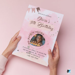 Rosa Watercolor Cute Elegant Birday Inbjudningar