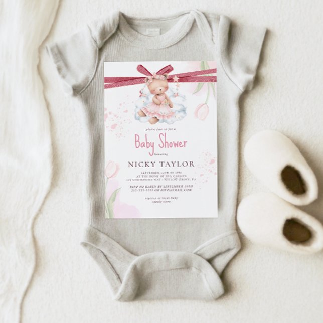 Rosa Watercolor Cute Nalle Baby Shower Inbjudningar (Skapare uppladdad)