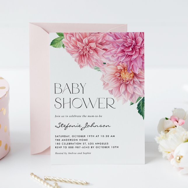 Rosa Watercolor Dahlia Blommigt Baby Shower Inbjudningar (Skapare uppladdad)