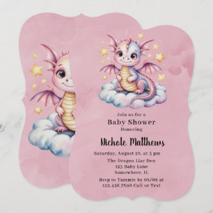 Rosa Watercolor Dragon Girl Baby Shower Inbjudningar