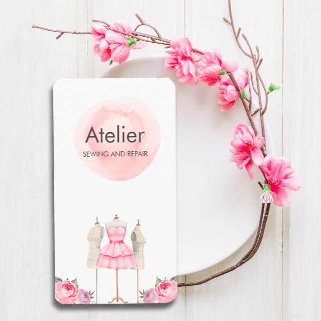 Rosa Watercolor Dress Mannequin Visitkort (#zazzlemade #tailorcard #seamstress #fashiondesigner #stylist)