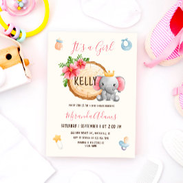 Rosa Watercolor Elephant Girl Baby Shower Inbjudningar