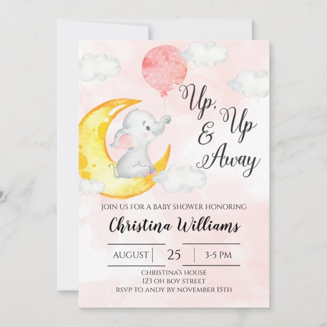 Rosa Watercolor Elephant Girl Baby Shower Inbjudningar (Framsida)