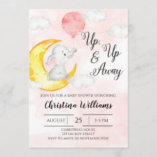 Rosa Watercolor Elephant Girl Baby Shower Inbjudningar