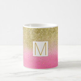 Rosa Watercolor Faux Guld Glitter Monogram Kaffemugg