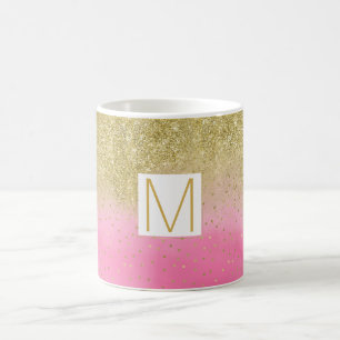 Rosa Watercolor Faux Guld Glitter Monogram Kaffemugg