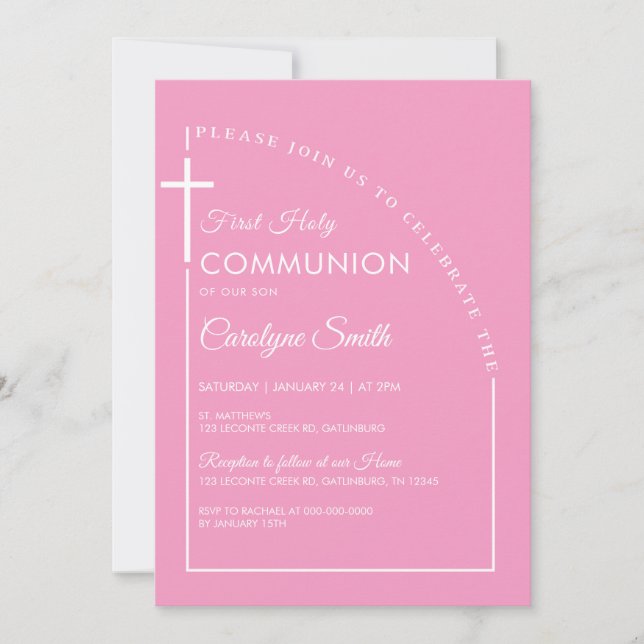 Rosa Watercolor First Heliga Communion Girl Inbjudningar (Framsida)