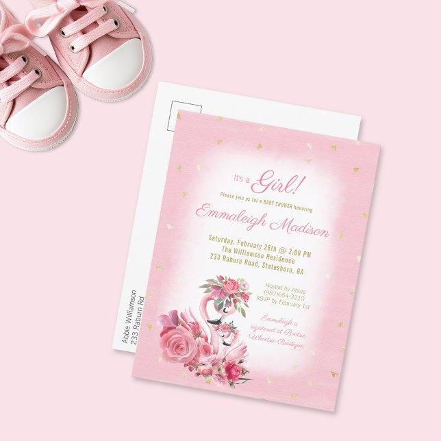 Rosa Watercolor Flamingo Ballerina Baby Shower Inbjudan Vykort (Skapare uppladdad)