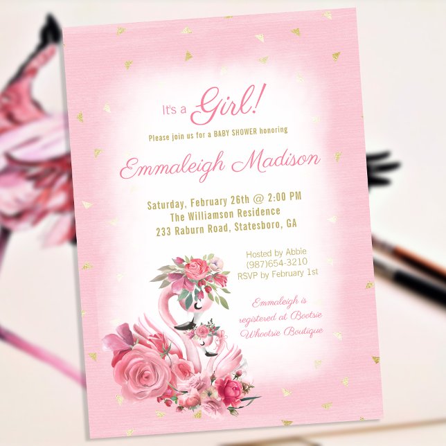 Rosa Watercolor Flamingo Ballerina Baby Shower Inbjudningar (Skapare uppladdad)