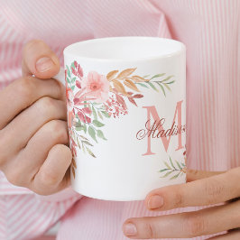  Rosa Watercolor Flowers Anpassningsbar Monogram N Kaffemugg