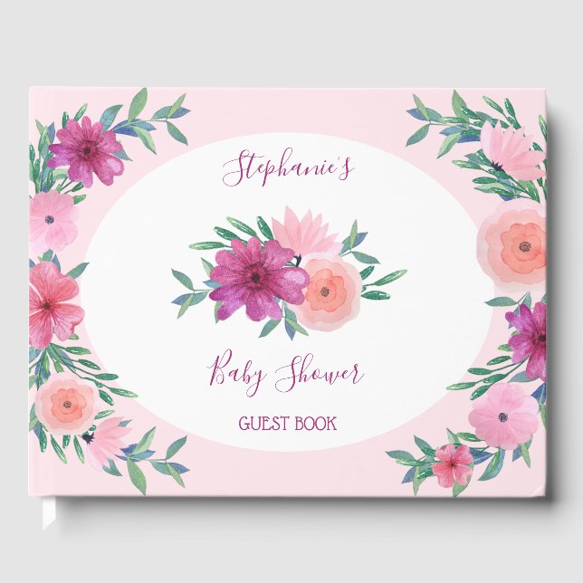 Rosa Watercolor Flowers Baby Shower Personlig Gästböcker (Framsida)