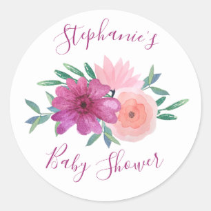 Rosa Watercolor Flowers Baby Shower Personlig Runt Klistermärke