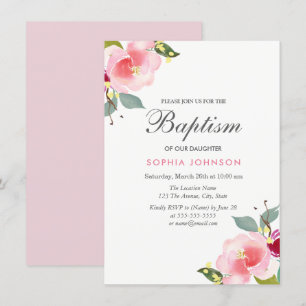 Rosa Watercolor Flowers Baptism Christening Inbjud Inbjudningar