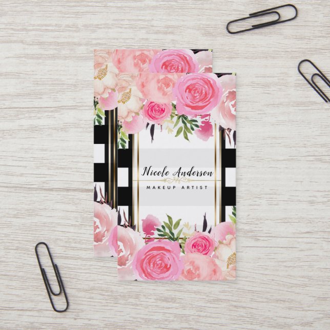 Rosa Watercolor Flowers Black White Rand Classy Visitkort (Fram/Back In Situ)