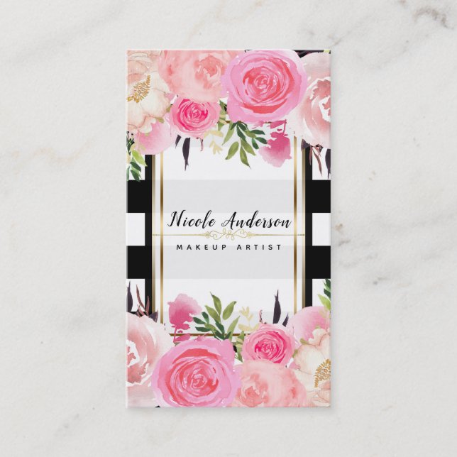 Rosa Watercolor Flowers Black White Rand Classy Visitkort (Framsida)