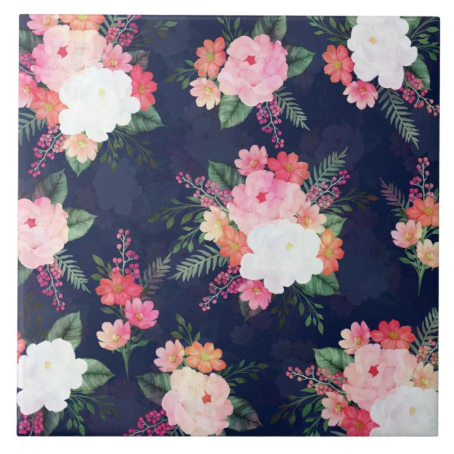 Rosa Watercolor Flowers Blue Design Kakelplatta (Framsidan)