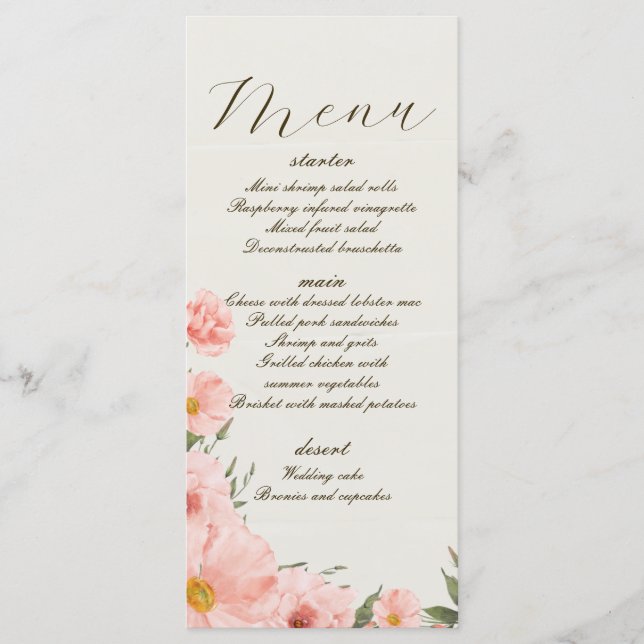 Rosa Watercolor Flowers Bröllop Menu Meny (Framsida)