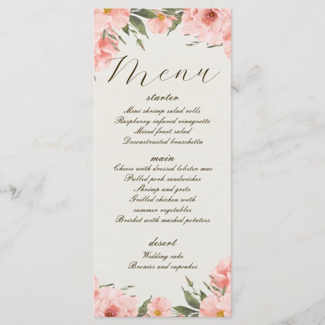 Rosa Watercolor Flowers Bröllop Menu Meny (Framsida)