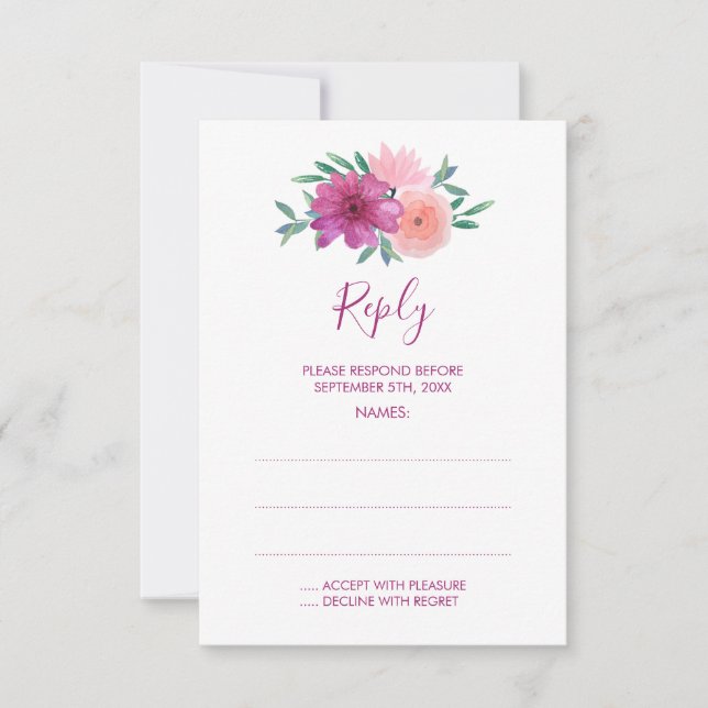 Rosa Watercolor Flowers Bröllop Reply Cards OSA Kort (Framsida)