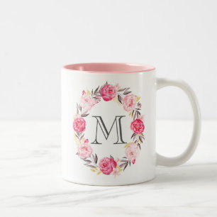 Rosa Watercolor Flowers & Faux Gold Foil Monogram Två-Tonad Mugg