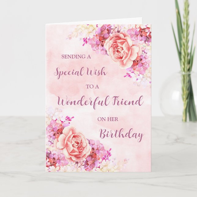 Rosa Watercolor Flowers Friend Birthday Kort (Framsida)