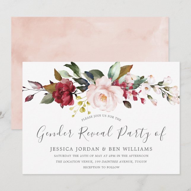  Rosa Watercolor Flowers Gender Reveal Party Inbjudningar (Fram/baksida)