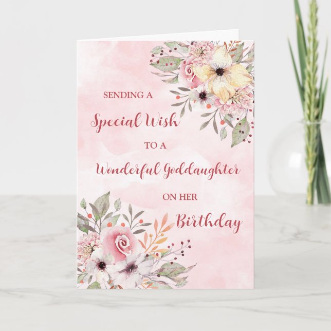 Rosa Watercolor Flowers Goddotter Birthday Kort (Framsida)