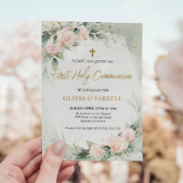 Rosa Watercolor Flowers Greenery First Communion Inbjudningar