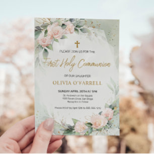 Rosa Watercolor Flowers Greenery First Communion Inbjudningar