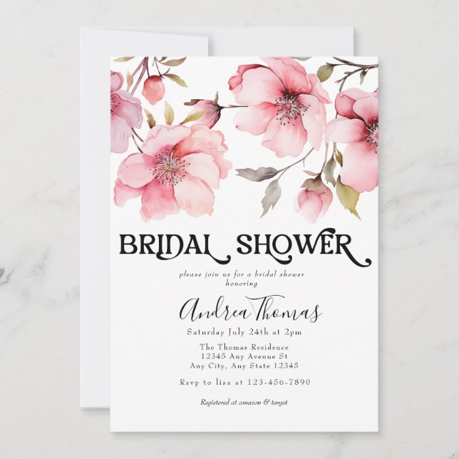 Rosa Watercolor Flowers Möhippa Inbjudningar (Framsida)