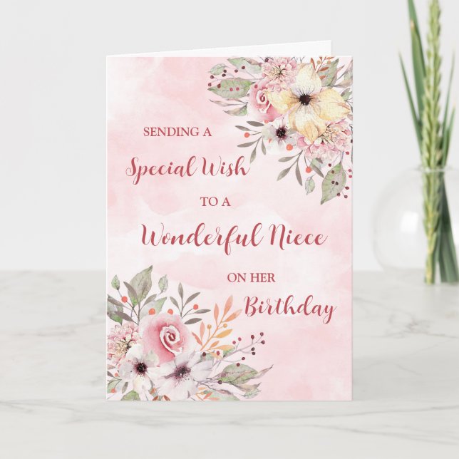 Rosa Watercolor Flowers Niece Birthday Kort (Framsida)