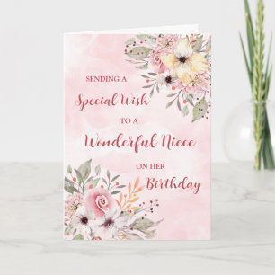 Rosa Watercolor Flowers Niece Birthday Kort