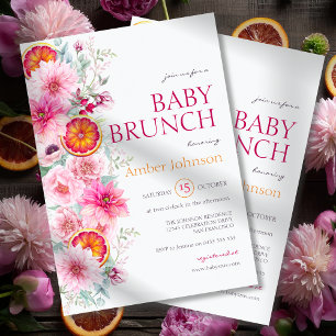 Rosa Watercolor Flowers och Citrus Baby Shower Inbjudningar