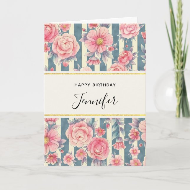 Rosa Watercolor Flowers on Rand Birthday Card Kort (Framsida)