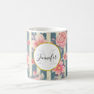 Rosa Watercolor Flowers on Rand Monogram Kaffemugg