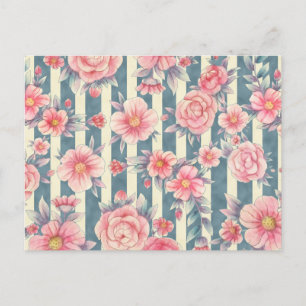 Rosa Watercolor Flowers on Stripe Mönster Vykort
