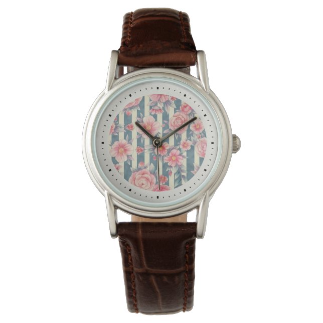 Rosa Watercolor Flowers på Rand Armbandsur (Framsida)