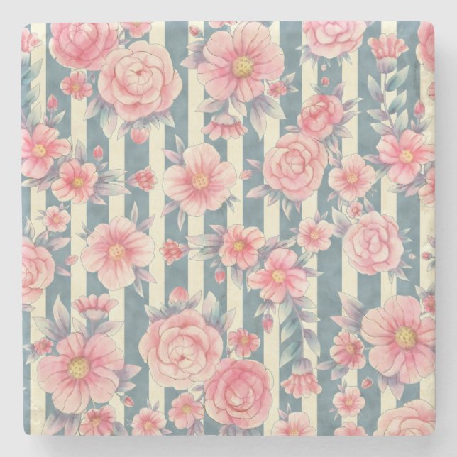 Rosa Watercolor Flowers på Rand Stenunderlägg (Framsidan)