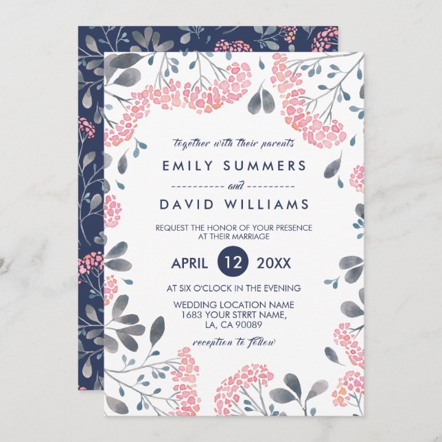 Rosa Watercolor Flowers Ram bröllopsinbjudan Inbjudningar (Fram/baksida)