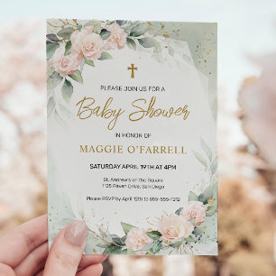 Rosa Watercolor Flowers Religiösa Baby Shower Inbjudningar