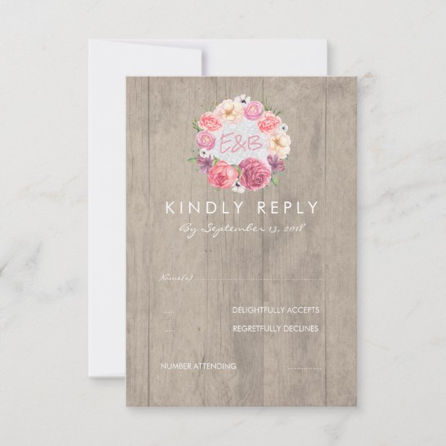 Rosa Watercolor Flowers Rustic Wood Bröllop OSA (Framsida)