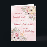 Rosa Watercolor Flowers Sister Birthday Kort<br><div class="desc">Födelsedag för syster med vintage rosa vattenfärgblommor och tankfull vers.</div>