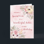 Rosa Watercolor Flowers Sister Birthday Kort<br><div class="desc">Födelsedag för syster med vintage rosa vattenfärgblommor och tankfull vers.</div>