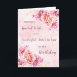 Rosa Watercolor Flowers Sister in Law Birthday Kort<br><div class="desc">Födelsedag för syster i juridik med vintagens rosa och lila vattenfärgblommor och tankfull vers.</div>