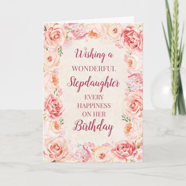 Rosa Watercolor Flowers Stepdotter Birthday Kort (Framsida)